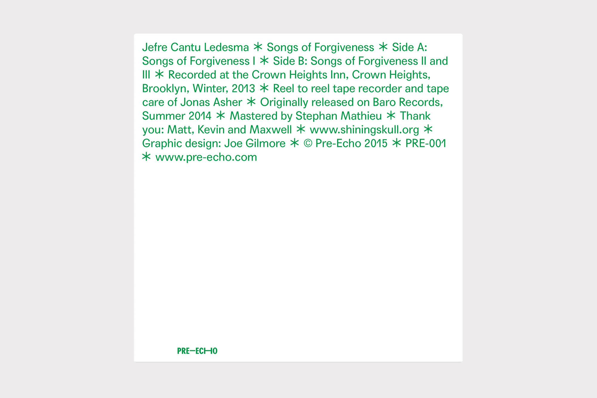 Jefre Cantun Ldesma, Songs of Forgiveness LP cover design by Joe Gilmore Joe Gilmore graphic design