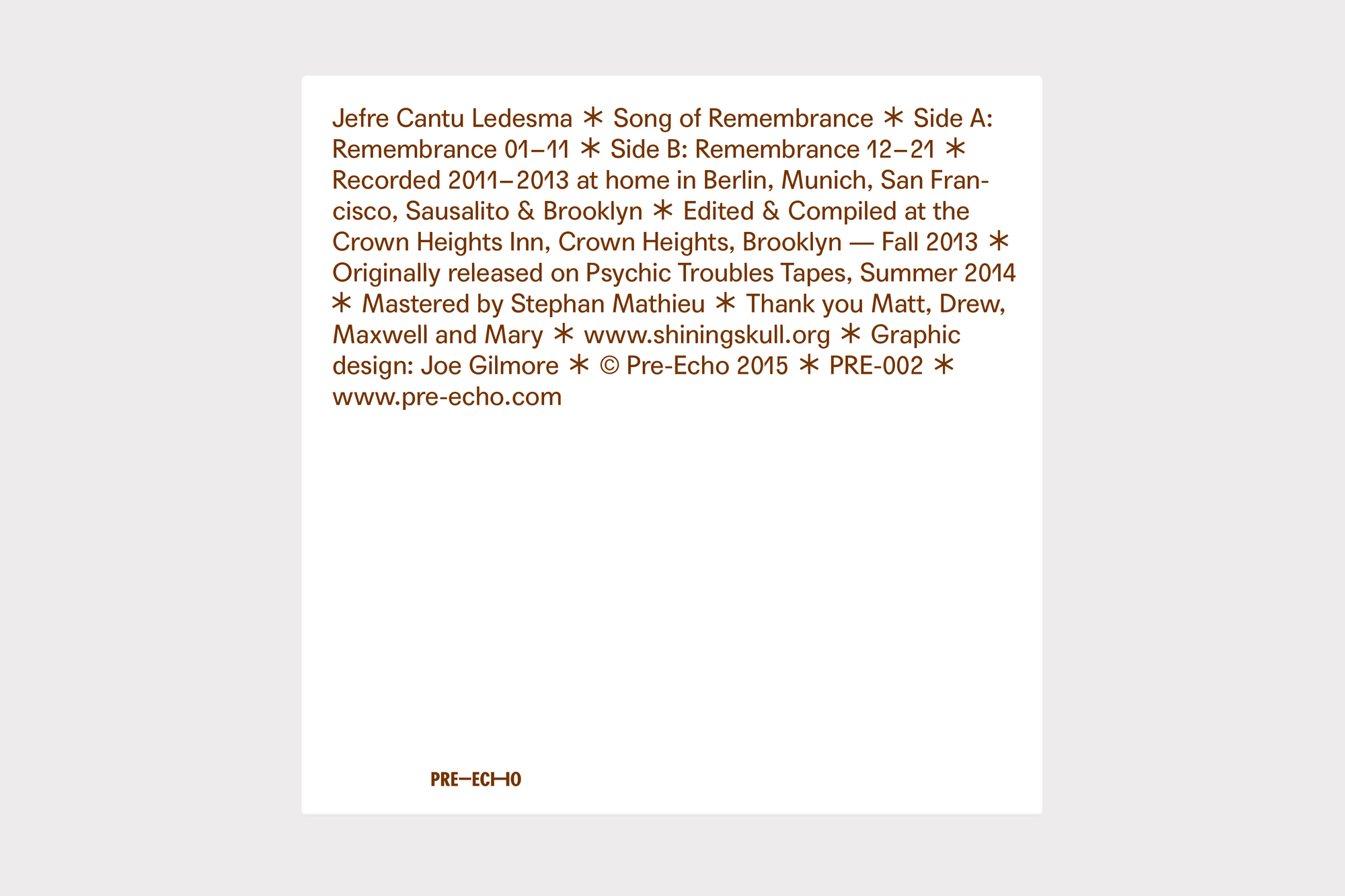 Jefre Cantu Ledesma, Song of Remembrance LP cover design by Joe Gilmore, Pre-Echo Joe Gilmore graphic design